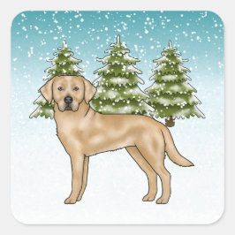 Gul Labrador Retriever Blå Snöig Vinter Skog Fyrkantigt Klistermärke
