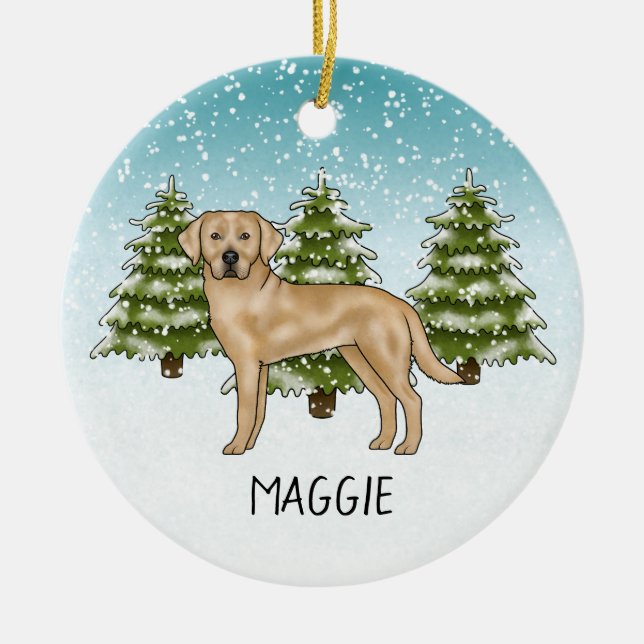 Gul Labrador Retriever Blå Vinter Anpassat Namn Julgransprydnad Keramik (Framsidan)
