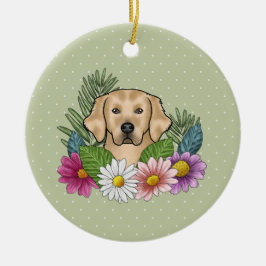 Gul Labrador Retriever Färgglada Blommor Och Namn Julgransprydnad Keramik