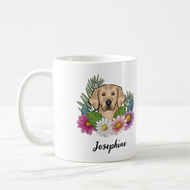 Gul Labrador Retriever Färgglada Blommor Och Namn Kaffemugg (Vänster)