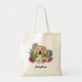 Gul Labrador Retriever Färgglada Blommor Och Namn Tygkasse