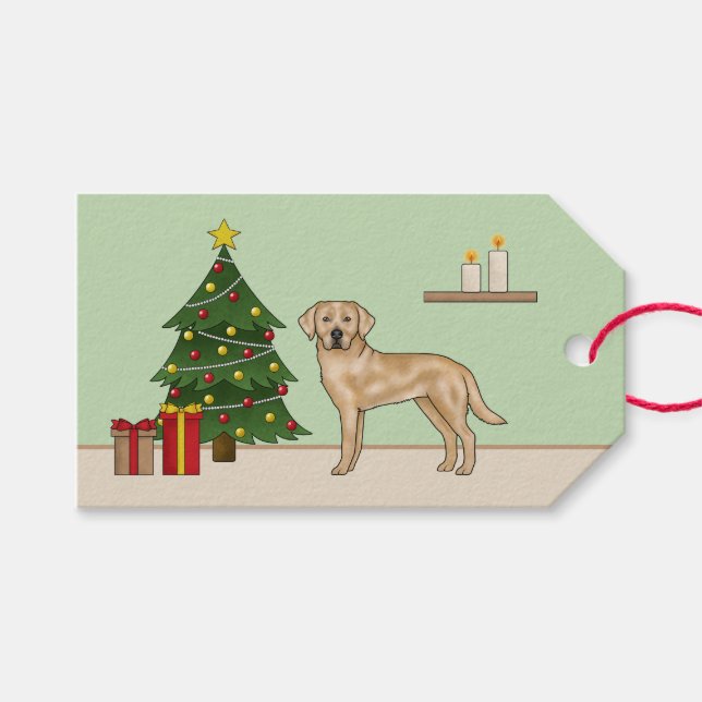 Gul Labrador Retriever Hund Med Julgran Presentetikett (Framsidan (Horisontell))