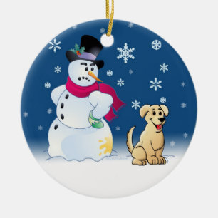 Gul Labrador Retriever och snögubbe Julgransprydnad Keramik