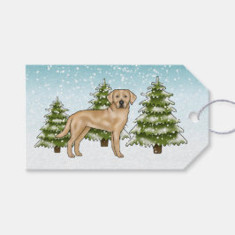 Gul Labrador Retriever Vinter Gran Skog Presentetikett