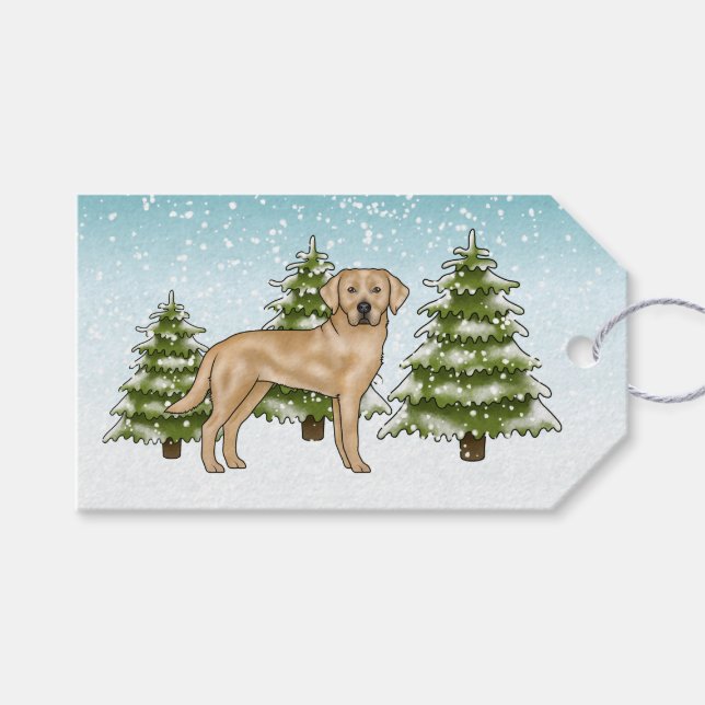 Gul Labrador Retriever Vinter Gran Skog Presentetikett (Framsidan (Horisontell))