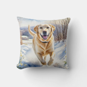 Gul Labrador Vinter Snö Akvarell Hundras Kudde