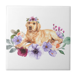Gul Labradors lekande i blommor keramiska plattor Kakelplatta