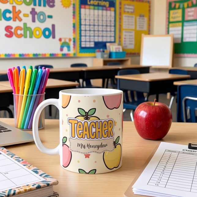 Gul Lärare Äpple Skola Mönster  Kaffemugg (Skapare uppladdad)