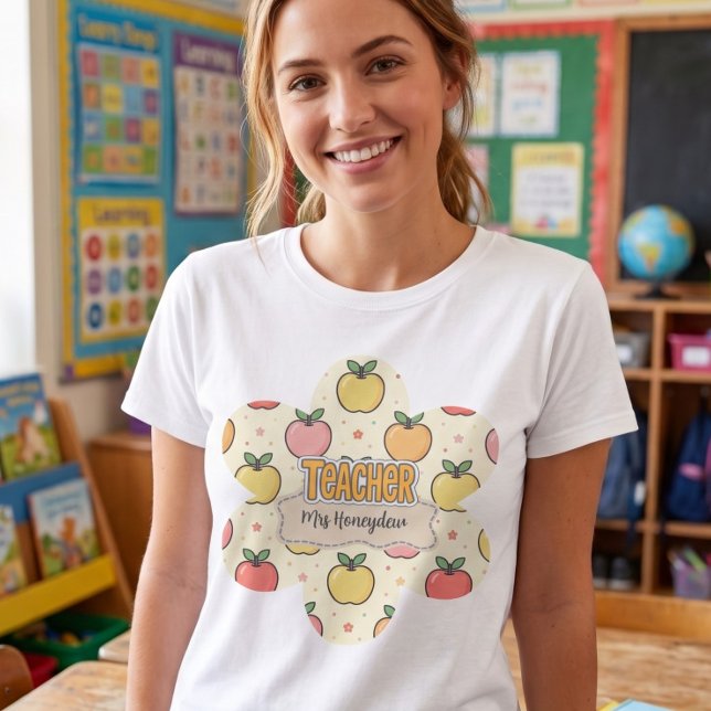 Gul Lärare Skola Äpple Mönster  T Shirt (Skapare uppladdad)