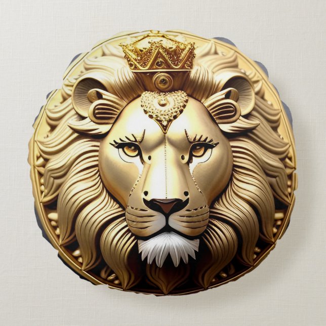 Gul Lejonmedaljong Med Krona Rund Kudde (Framsidan)