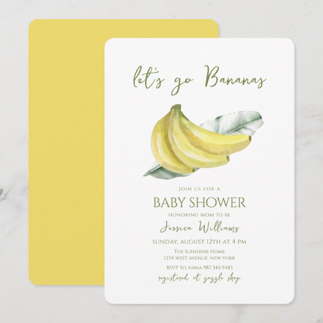 Gul Let's Go Bananas Blad Baby Shower Inbjudningar (Fram/baksida)