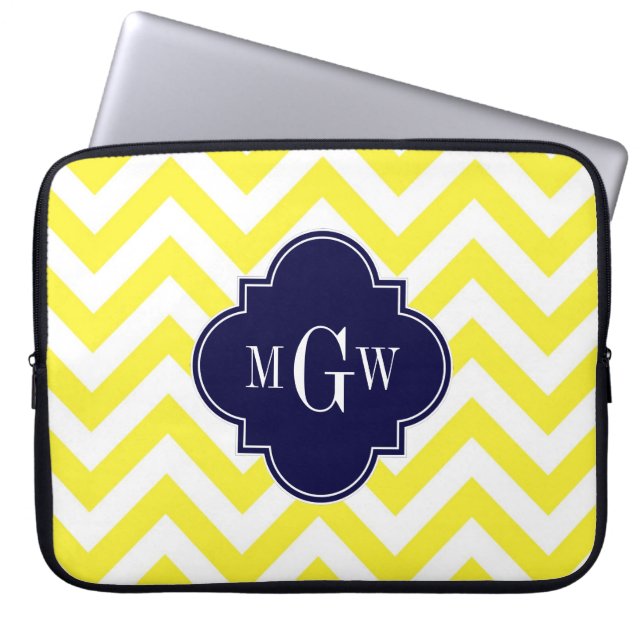 Gul Lg Chevron Marinblå Quatrefoil 3 Monogram Laptop Sleeve (Framsidan)