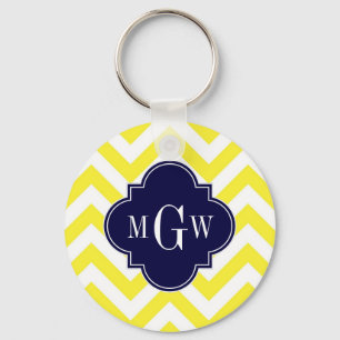 Gul Lg Chevron Marinblå Quatrefoil 3 Monogram Nyckelring