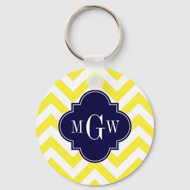 Gul Lg Chevron Marinblå Quatrefoil 3 Monogram Nyckelring (Framsida)