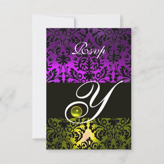 GUL LILA SVART DAMAST MONOGRAM TOPAS RSVP OSA KORT (Framsida)