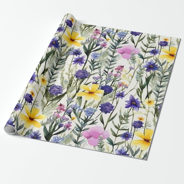 Gul Lila Vildblomma Blommig Trädgårdsmönster Presentpapper (Utrullad)