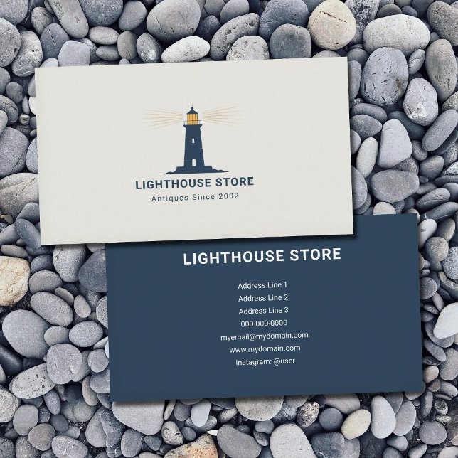 Gul ljus & marinblå fyr visitkort (Yellow Light & Navy Blue Lighthouse Business Card)