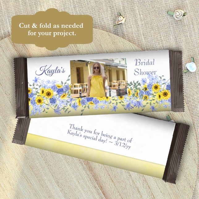 Gul, Ljusblå Bröllopsdusch Godisbar Etikett Flygblad (yellow sunflower and light blue bridal shower party favor, personalized candy bar wrapper label)