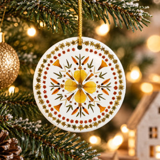 Gul Mandala Pressad Blomma Från Originalkonst Julgransprydnad Keramik
