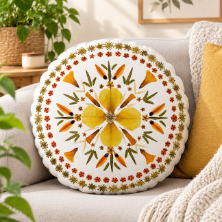 Gul Mandala Pressad Blomma Från Originalkonst Rund Kudde