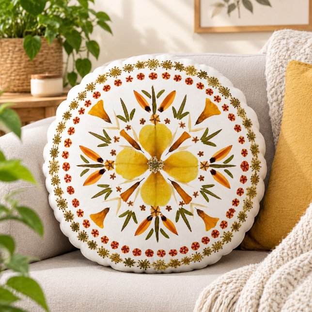Gul Mandala Pressad Blomma Från Originalkonst Rund Kudde (Skapare uppladdad)