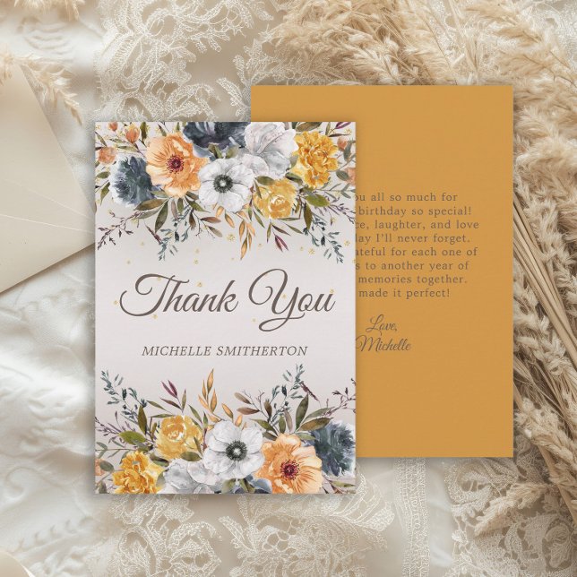 Gul Marinblå Blommig Glitter Födelsedag  Tack Kort (Elegant mustard yellow and navy blue watercolor floral birthday party thank you card)