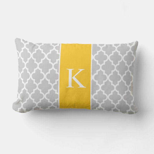 Gul marockansk beställnings- Monogram för grå färg Lumbarkudde (Framsida)