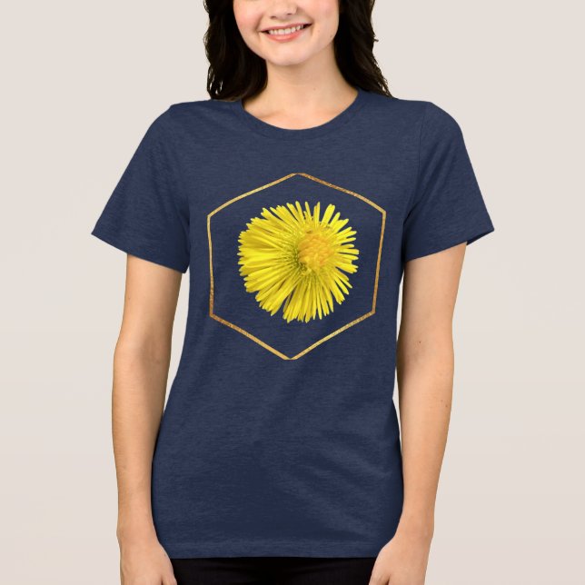 Gul maskros geometrisk hexagon blå t-shirt (Framsida)