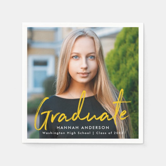 Gul | Modern Penselskriptfoto Studenten Pappersservett (Framsidan)