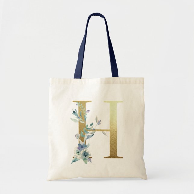 Gul monogram bokstav H Blå akvarell blommor Tygkasse (Framsidan)