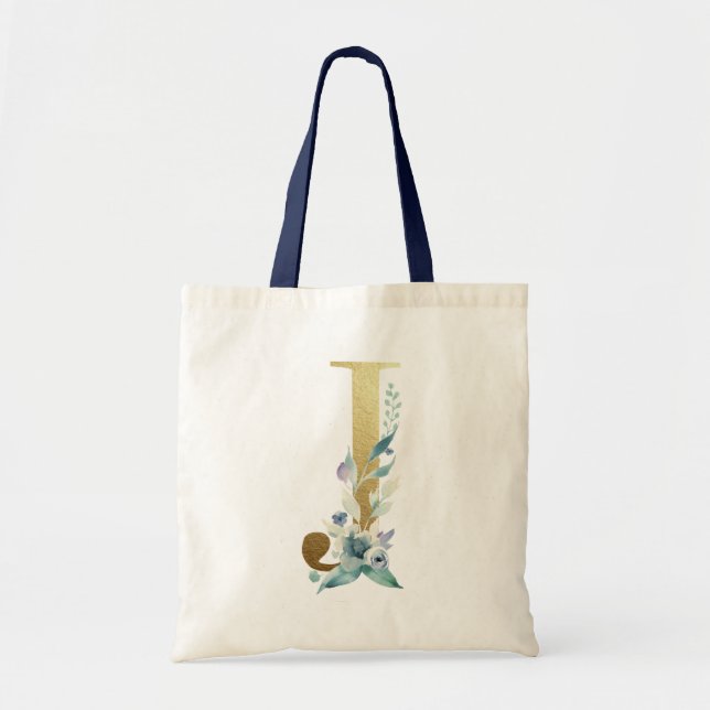 Gul monogram bokstav J Blå akvarell blommor Tygkasse (Framsidan)