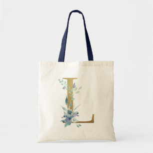 Gul monogram bokstav L Blå akvarell blommor Tygkasse