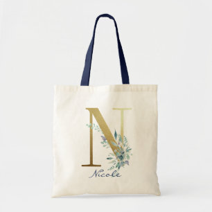 Gul monogram bokstav N Blå namn blomsterdekor Tygkasse