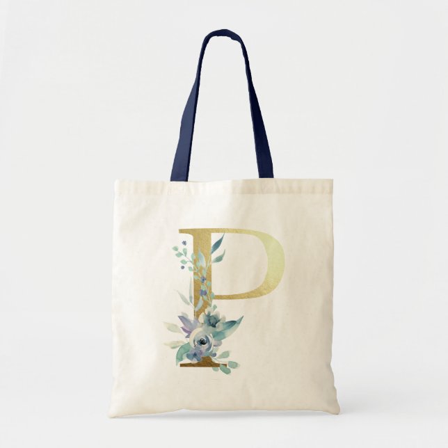 Gul monogram bokstav P Blå akvarell blommor Tygkasse (Framsidan)