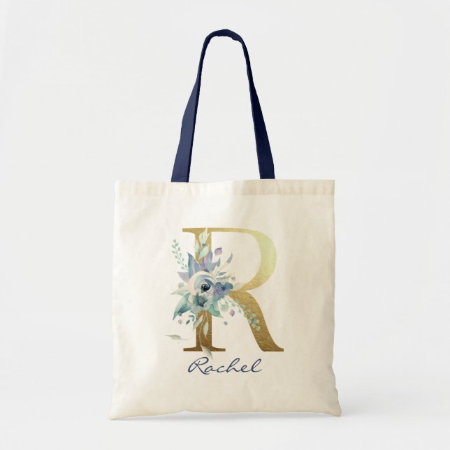 Gul monogram bokstav R Blå namn blomsterdekor Tygkasse (Framsidan)