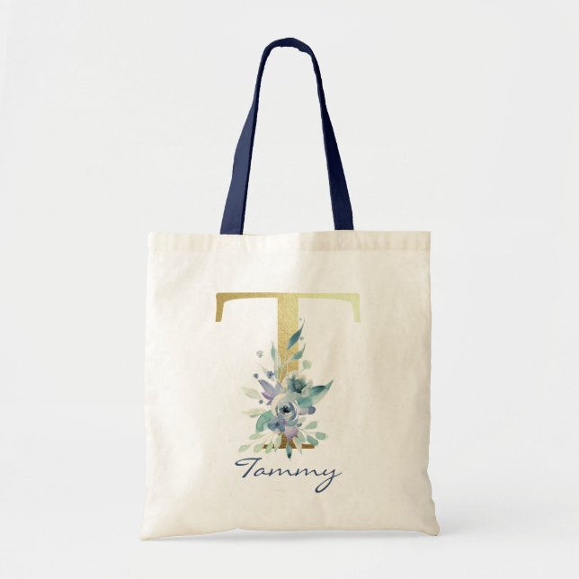 Gul monogram bokstav T Blå namn blomdekor Tygkasse (Framsidan)