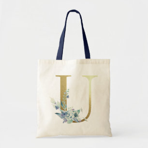 Gul monogram bokstav U Blå akvarell blommor Tygkasse