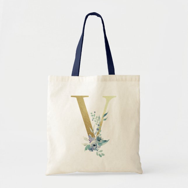 Gul monogram bokstav V Blå akvarell blommor Tygkasse (Framsidan)