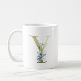 Gul monogram bokstav Y Blå akvarell blommor Kaffemugg