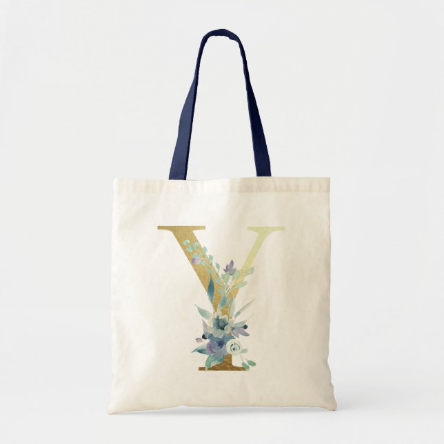 Gul monogram bokstav Y Blå akvarell blommor Tygkasse (Framsidan)