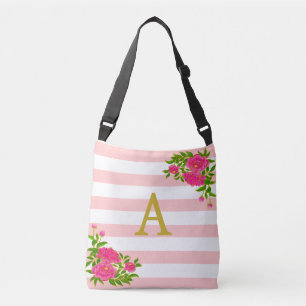 Gul monogram på rosa och vit randig axelväska