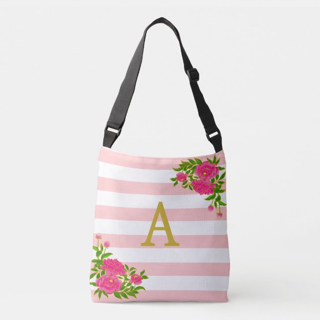 Gul monogram på rosa och vit randig axelväska (Framsida)