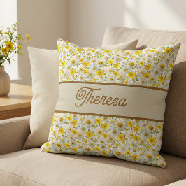Gul Mönster med vilda blommor och monogramnamn Kudde
