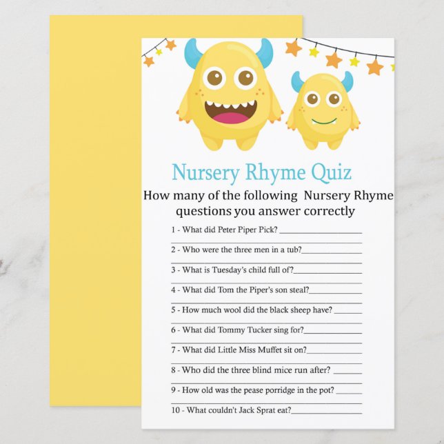 Gul monster ramsan quiz babyshowerspel (Fram/baksida)
