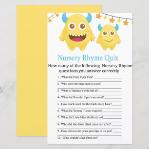 Gul monster ramsor Quiz baby shower spel
