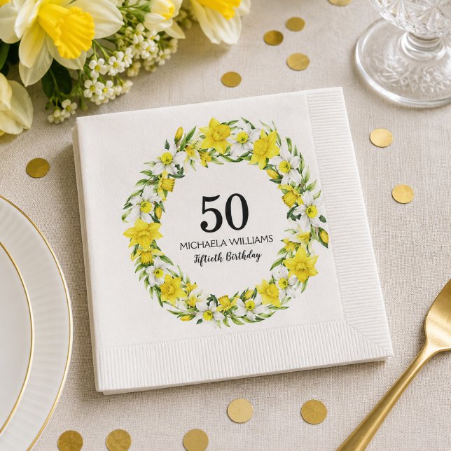 Gul Narciss 50-års Födelsedagsfest Pappersservett (Add Name / edit text to personalize as required.  Matching items available)
