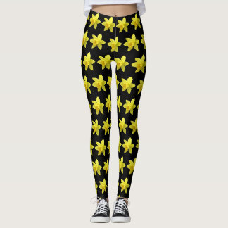 Gul Narciss Blommor Mönster Svart Leggings