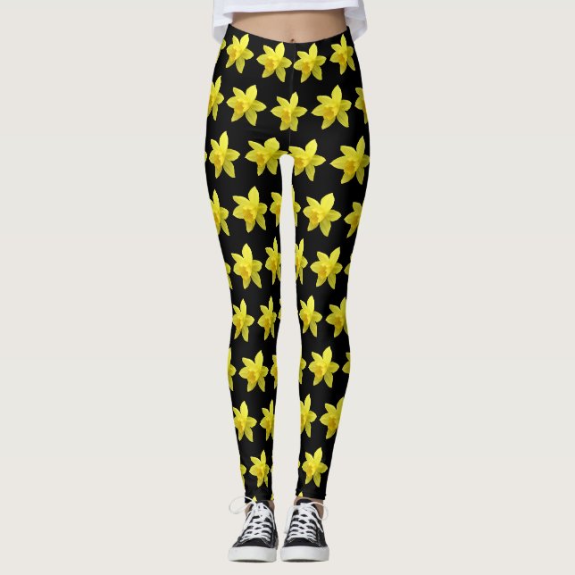Gul Narciss Blommor Mönster Svart Leggings (Framsida)