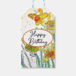 Gul Narciss Narcisser blommar Akvarell Presentetikett