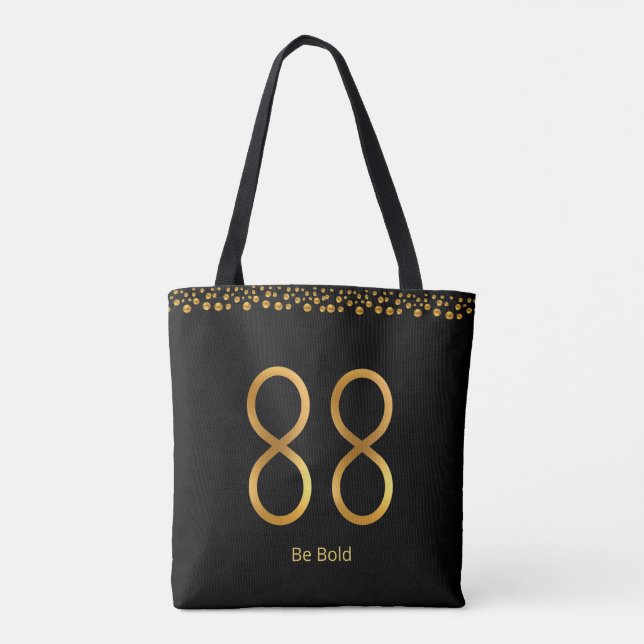 Gul nummer 88 & gyllene konfetti på svart tygkasse (Baksida)